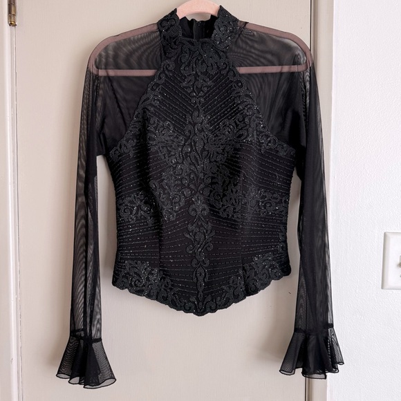 Vintage Tops - Vintage Black Beaded Sheer Sleeve Halter Blouse